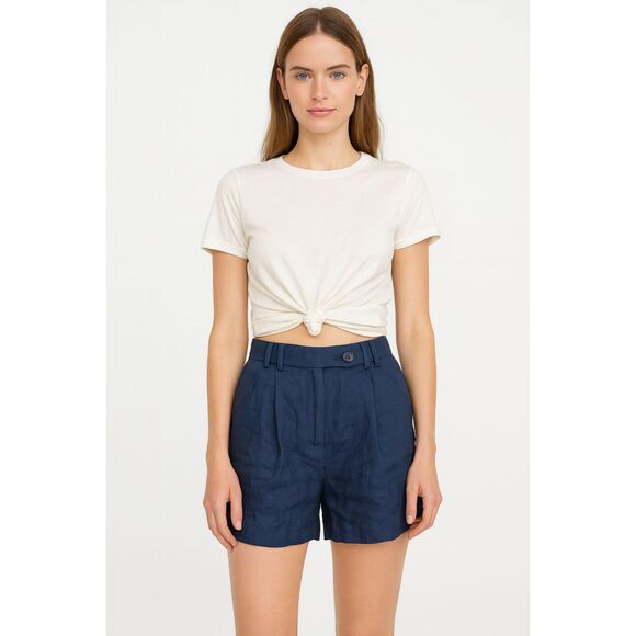 & OTHER STORIES Linen High Waisted Shorts Navy NWT Sz 4 - Picture 1 of 5